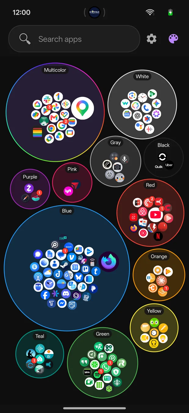 The Bubbles view: circular clusters of app icons, one cluster per color, sized by how much each app is used.