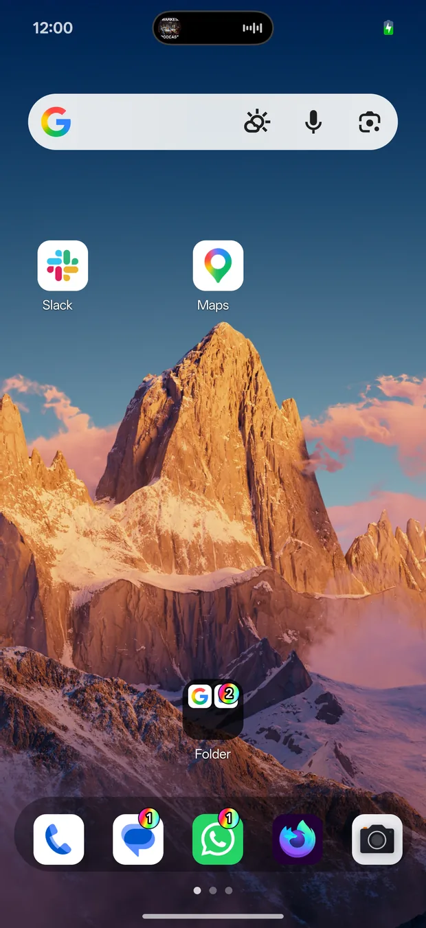 The Hue-istic home screen: a wallpaper, one app icon, a dock and a search widget.