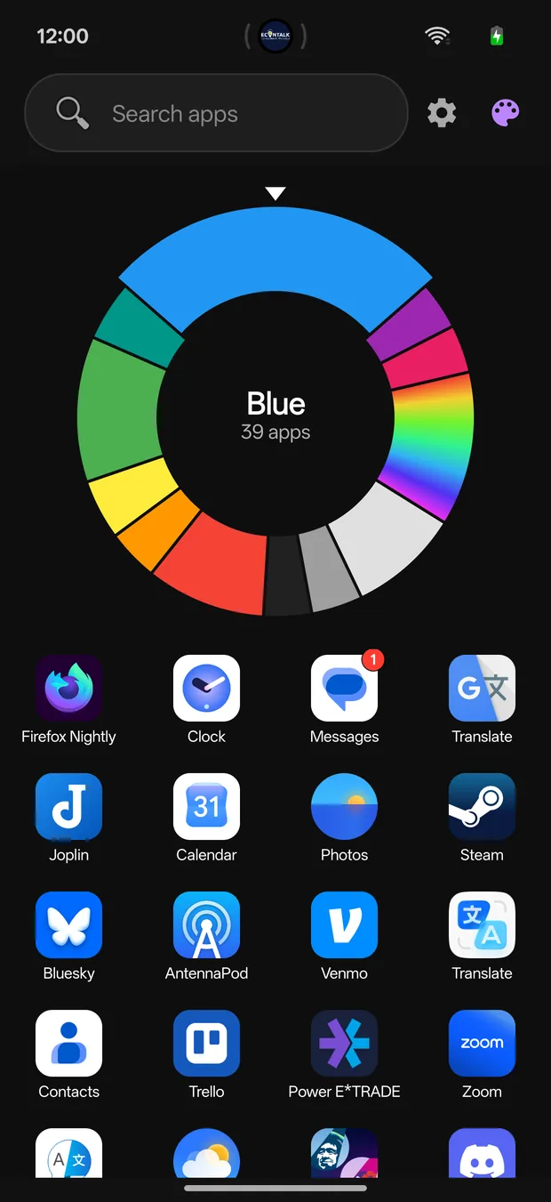 The Hue Ring view: a segmented color wheel labelled Blue, 47 apps, with those apps listed beneath it.