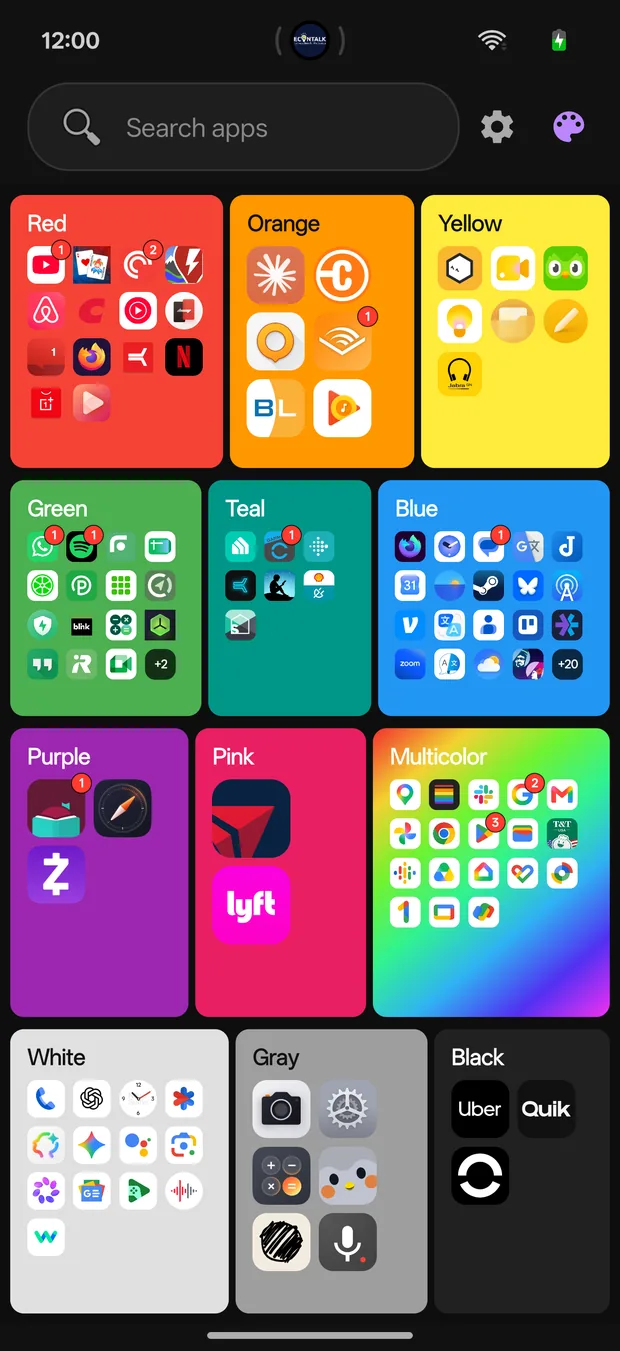 The Mosaic view: twelve colored tiles — red, orange, yellow, green, teal, blue, purple, pink, rainbow, white, gray, black — each packed with that color's app icons.